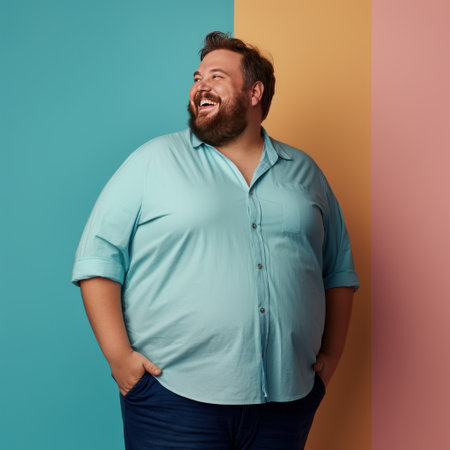 Fat man smiling in blue shirt on colorful background isolated AIの素材