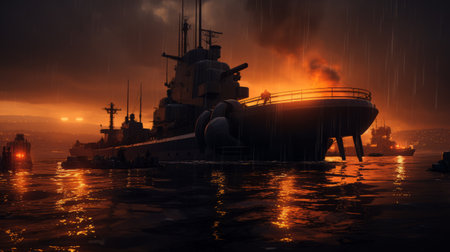 Burning naval vessel in the port. AIの素材