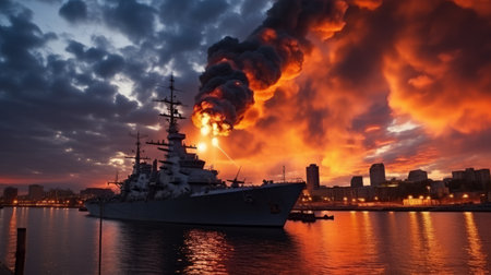 Burning naval vessel in the port. AIの素材