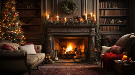 Christmas interior of a large cozy house with a Christmas tree and a fireplace, AIの素材