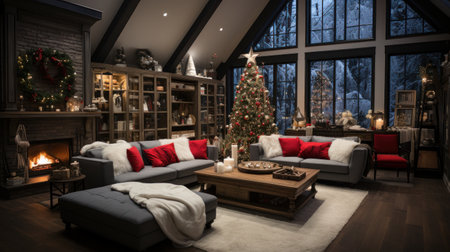 Christmas interior of a large cozy house with a Christmas tree and a fireplace, AIの素材