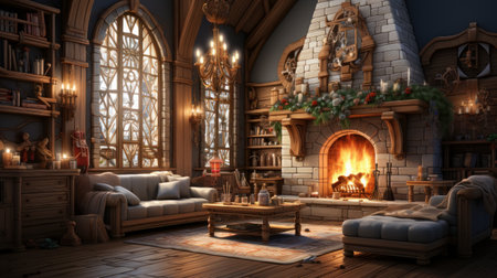 Christmas interior of a large cozy house with a Christmas tree and a fireplace, AIの素材