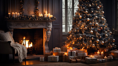 Christmas interior of a large cozy house with a Christmas tree and a fireplace, AIの素材