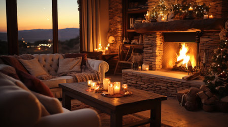Christmas interior of a large cozy house with a Christmas tree and a fireplace, AIの素材