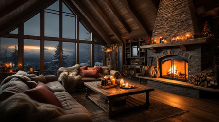 Christmas interior of a large cozy house with a Christmas tree and a fireplace, AIの素材