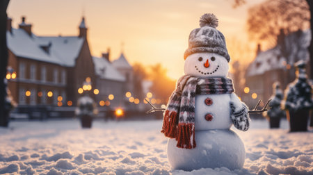 Winter landscape with snowman and cozy family house, AIの素材