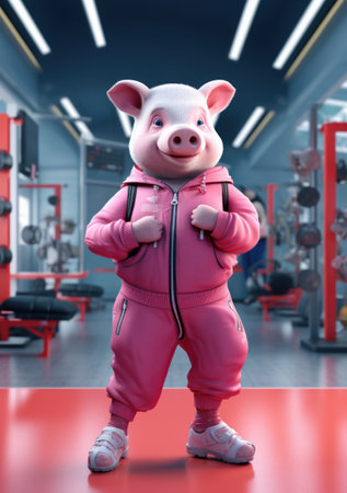 Cartoon pig in the gym, AIの素材