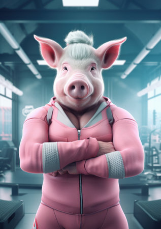 Cartoon pig in the gym, AIの素材