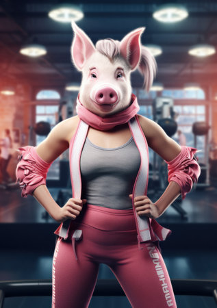 Cartoon pig in the gym, AIの素材