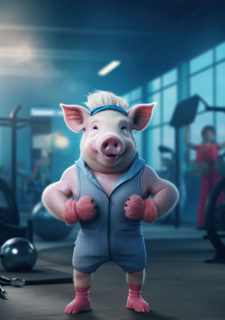 Cartoon pig in the gym, AIの素材