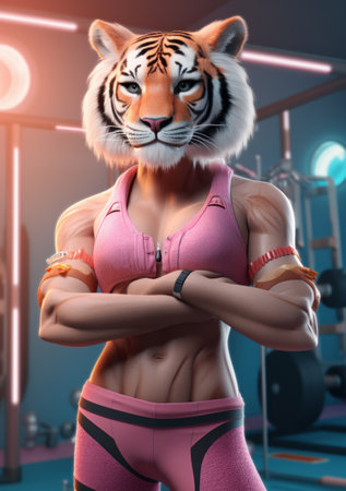Cartoon tiger in the gym, AIの素材