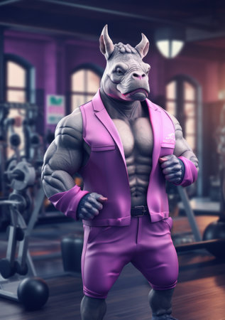Cartoon sporty rhinoceros training in the gym, AIの素材