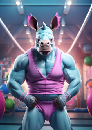 Cartoon sporty rhinoceros training in the gym, AIの素材