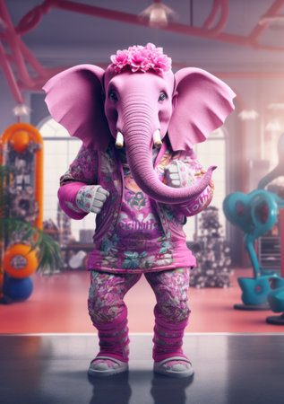 Cartoon sporty elephant training in the gym, AIの素材