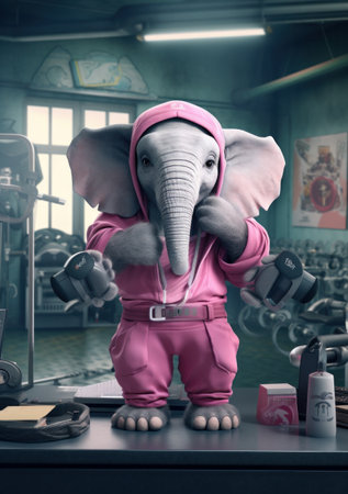 Cartoon sporty elephant training in the gym, AIの素材