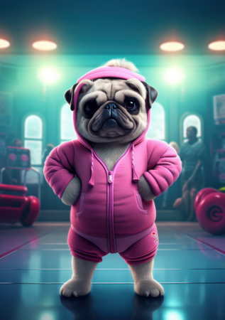 Cartoon sporty pug dog ready for training in the gym, AIの素材