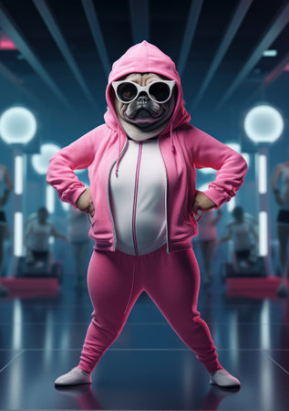 Cartoon sporty pug dog ready for training in the gym, AIの素材