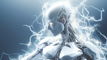 High-tech robot with energy in the form of lightning, AIの素材