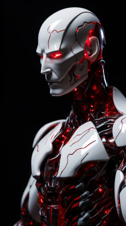 High-tech robot with red energy in the form of lightning, AIの素材