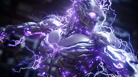 High-tech robot with purple energy in the form of lightning, AIの素材