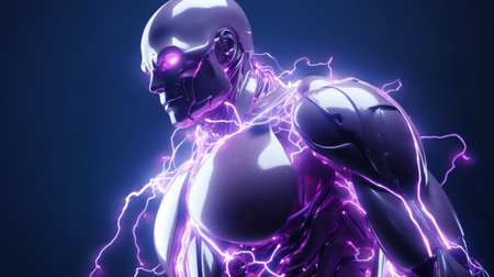 High-tech robot with purple energy in the form of lightning, AIの素材