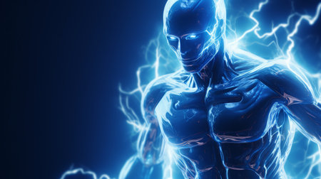 High-tech robot with blue energy in the form of lightning, AIの素材