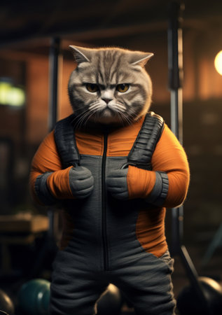 Cartoon epic cat in the gym, AIの素材