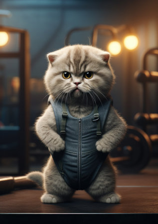 Cartoon epic cat in the gym, AIの素材