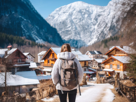Girl with a tourist backpack in the mountains in winter. AIの素材