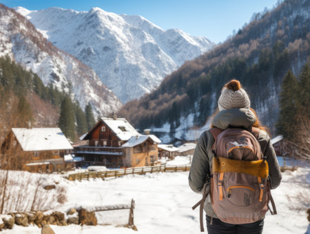 Girl with a tourist backpack in the mountains in winter. AIの素材