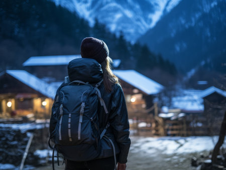 Girl with a tourist backpack enjoys the mountain winter landscapeの素材