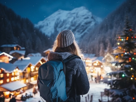 Girl with a tourist backpack enjoys the mountain winter landscapeの素材