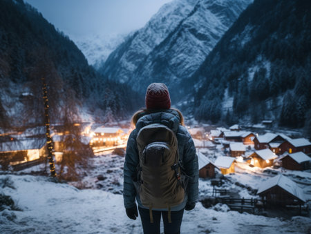 Girl with a tourist backpack enjoys the mountain winter landscapeの素材