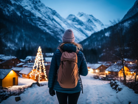 Girl with a tourist backpack enjoys the mountain winter landscapeの素材
