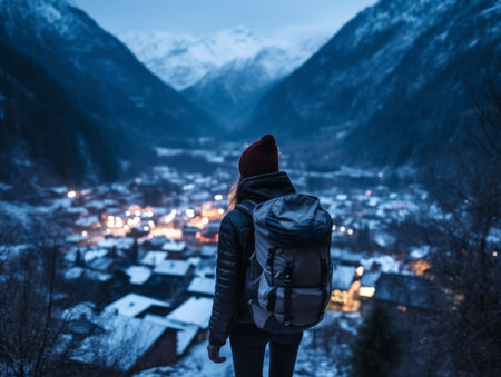 Girl with a tourist backpack enjoys the mountain winter landscapeの素材