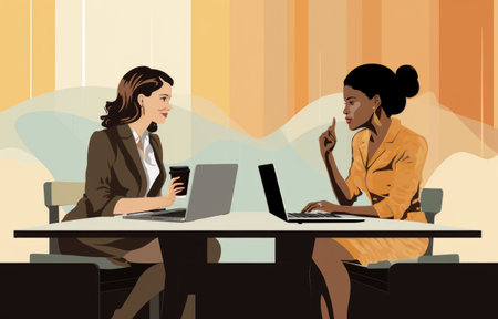 Two women sitting at a table at a business brunch, cartoon illustration. AIの素材
