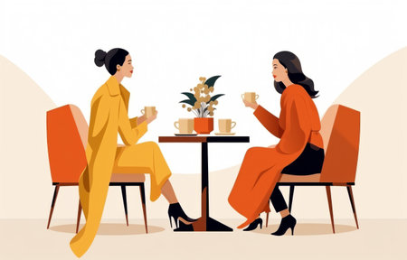 Two women sitting at a table at a business brunch, cartoon illustration. AIの素材