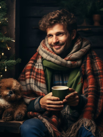 Young man in winter clothes with a cup of tea. AIの素材