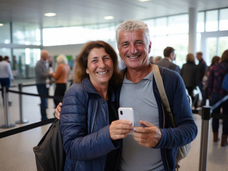 Woman and man holding phone happily posing at airport before traveling. AIの素材