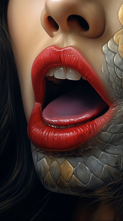 A close-up of a womans mouth and snake scalesの素材