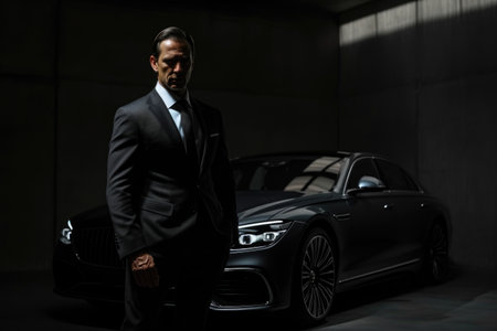 stern man in a dark suit stands next to a high-end car, with strategic lighting casting a sharp silhouetteの素材