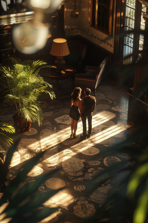 Sunlight filters through a window, casting patterns on a couple in an elegant interiorの素材