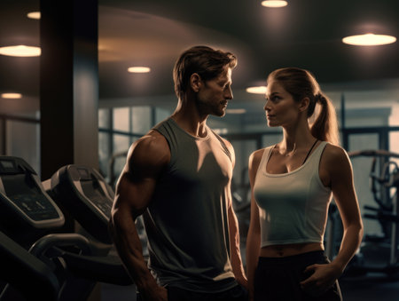 fit man and woman face each other in a gymの素材