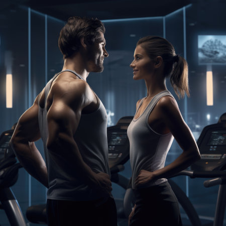 Two athletes man and woman engage at a gyms treadmill station.の素材