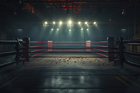 fight night boxing ring in a dark, deserted industrial gymの素材