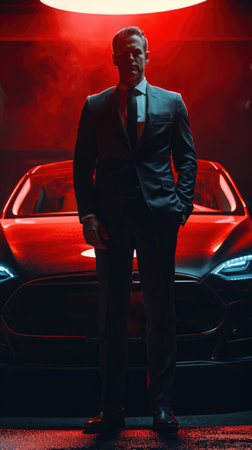 man in a suit stands before a car under red lightingの素材