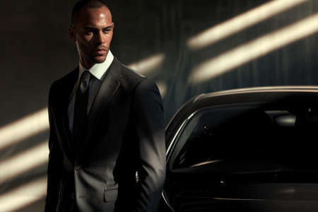 stoic man in a tailored suit stands by a car, intersected by shafts of light that create a striking contrastの素材