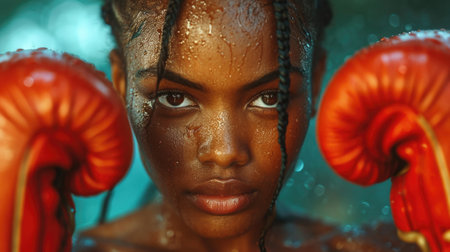 Close-Up of an African American Wearing Boxing Gloves. Generative AI.の素材