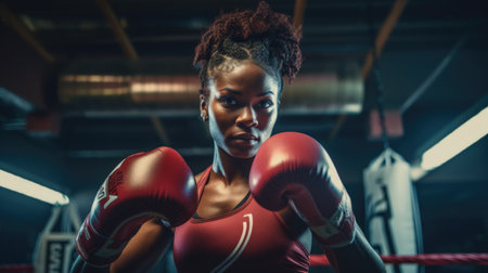 African American Woman Wearing Boxing Gloves in a Boxing Ring. Generative AI.の素材