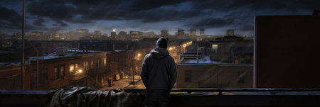 Nighttime View of a Man Standing on a Roof. Generative AI.の素材